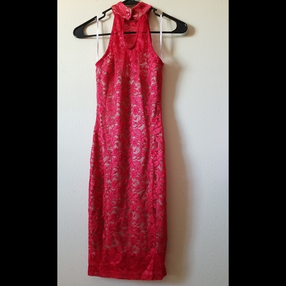 NEW LISTING! Red Nude Illusion Lace Mock Neck Dress - Picture 10 of 17